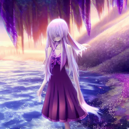 Prompt: advanced digital anime art, Sakimichan , a gorgeous high school girl with long gold and silver hair wearing a violet dress and bare feet walking through a crystal clear river, DOF, Gaussian Blur,