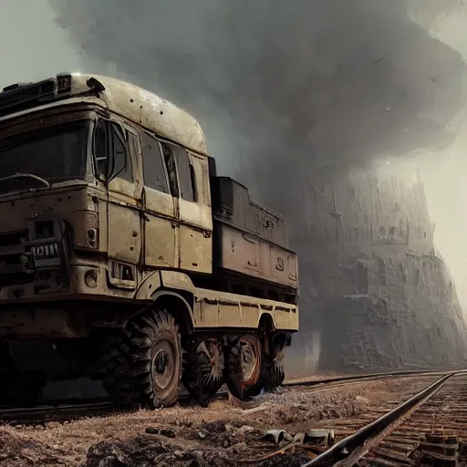 Image similar to a highly detailed epic cinematic concept art CG render digital painting artwork: dieselpunk Soviet truck inspired by a locomotive. By Greg Rutkowski, Ilya Kuvshinov, WLOP, Stanley Artgerm Lau, Ruan Jia and Fenghua Zhong, trending on ArtStation, subtle muted cinematic colors, made in Maya, Blender and Photoshop, octane render, excellent composition, cinematic atmosphere, dynamic dramatic cinematic lighting, precise correct anatomy, aesthetic, very inspirational, arthouse