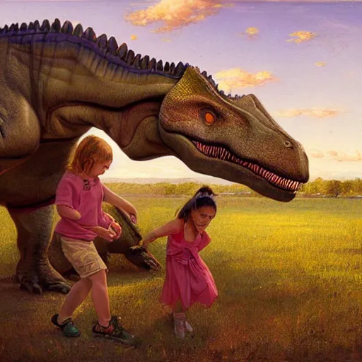 Image similar to dinosaur playing with a young girl by James Gurney