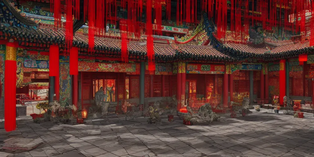 Image similar to a chinese temple with cyberpunk enhancements, detailed, atmospheric, 8 k