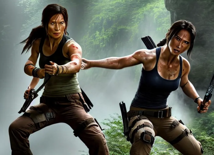 Image similar to film still of jackie chan as lara croft in new tomb raider movie, 8 k