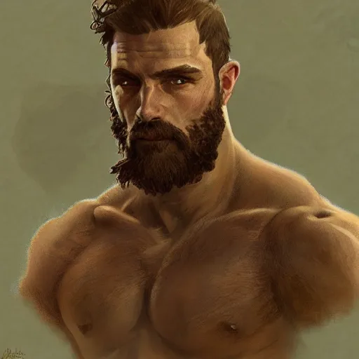 Image similar to portrait of a rugged ranger, muscular, upper body, hairy torso, D&D, fantasy, intricate, elegant, highly detailed, digital painting, artstation, concept art, smooth, sharp focus, illustration, art by alphonse mucha