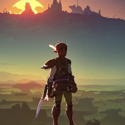 Image similar to cell shaded cartoon, warrior watching the sunrise over a battlefield,, illustration, wide shot, subtle colors, concept art by josan gonzales and wlop, laurie greasley, jordan grimmer and james jean, highly detailed, sharp focus, trending on artstation, hq, deviantart, art by artgem, in the style of breath of the wild