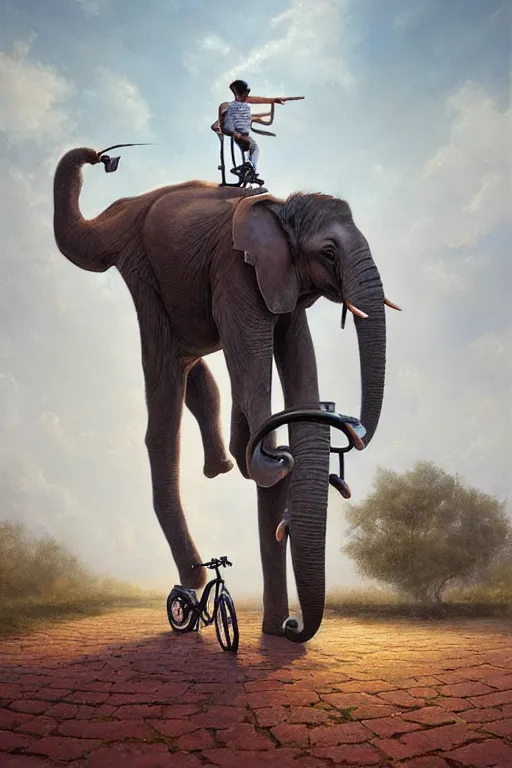 Prompt: a beautiful hyperrealistic painting of a circus act elephant riding a bicycle by Alena Aenami, Anton Semenov, Alejandro Burdisio, gigantic, octane render, brilliantly coloured, intricate, ultra wide angle, trending on artstation, dusk, volumetric lighting, polished, micro details, ray tracing, 8k