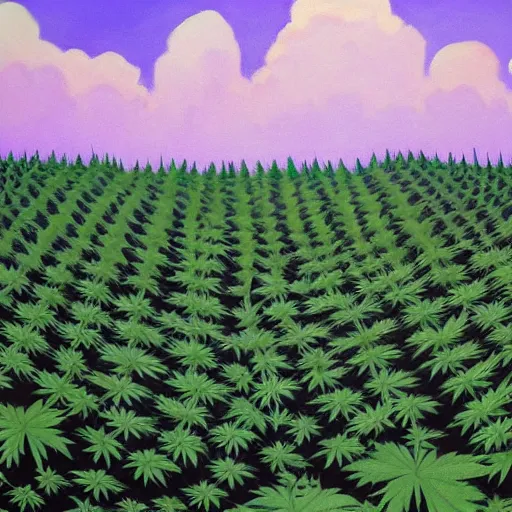 Image similar to vast garden of marijuana reaching to the horizon, painting