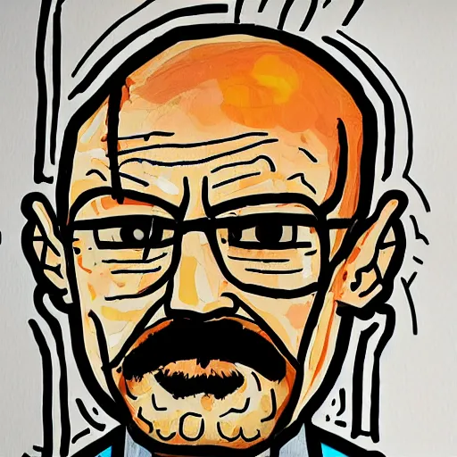 Prompt: art brut painting of walter white cooking meth, found doodled in a sketchbook