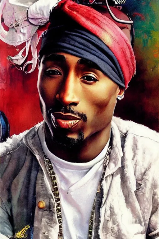 Image similar to Tupac, illustrated in whimsical style, Illustration by Norman Rockwell, artgerm, loish, oil painting,