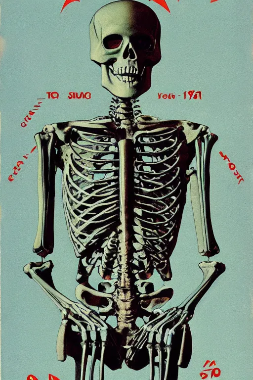 Prompt: 1970 book cover, cyborg skeleton, anaglyph,