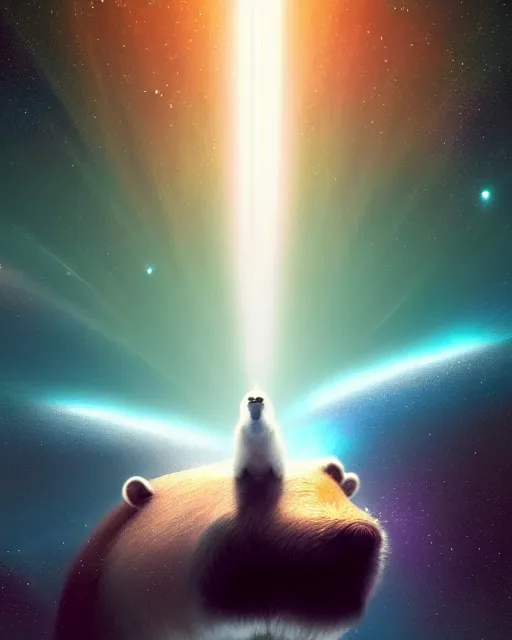 Prompt: a white capybara cruising the milky way, beautiful, agile, myth, legend, trending on artstation, light effects, john harris, kilian eng,, bastien lecouffe - deharme