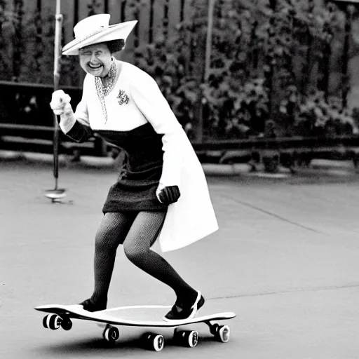Image similar to queen elizabeth riding a skateboard