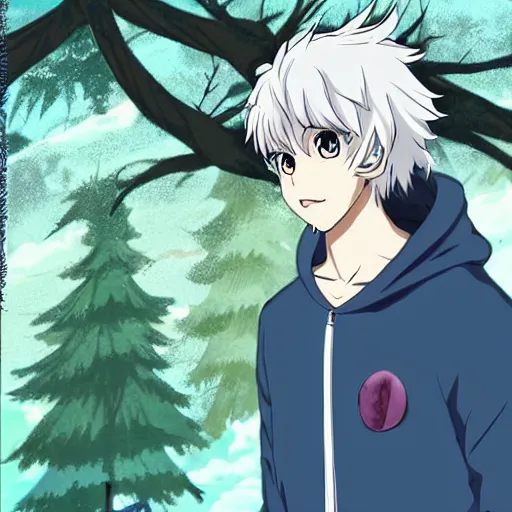 Image similar to key anime visual portrait of a handsome male anthro wolf furry fursona with beautiful eyes, wearing a hoodie in the forest, official modern animation