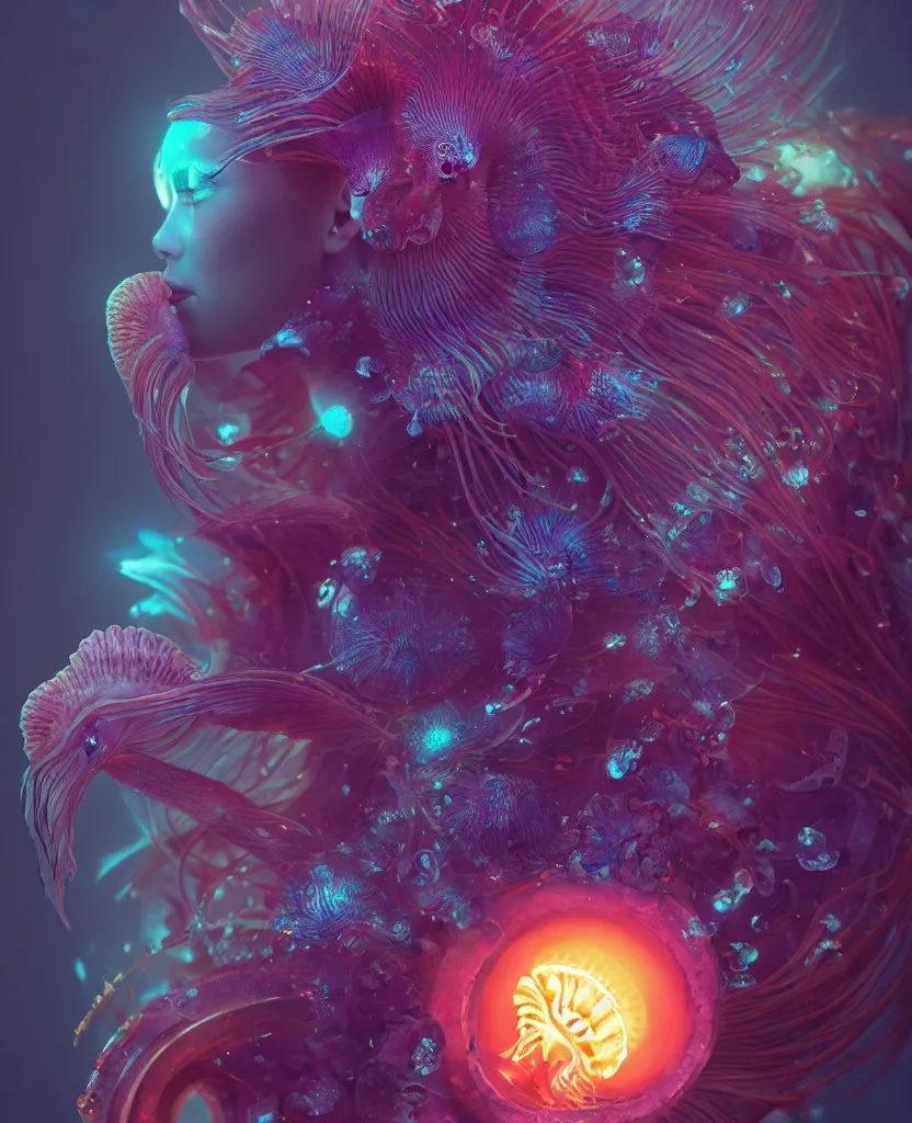 Image similar to goddess close-up portrait. orchid jellyfish phoenix head, nautilus, skull, betta fish, bioluminiscent creatures, intricate artwork by Tooth Wu and wlop and beeple. octane render, trending on artstation, greg rutkowski very coherent symmetrical artwork. cinematic, hyper realism, high detail, octane render, 8k