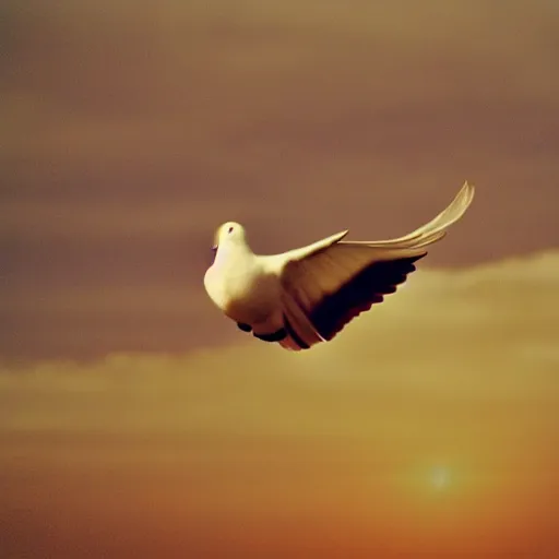 Prompt: close - up realistic shot radiant white dove flying over clouds sunset ethereal vintage photograph film grain surreal awe - inspiring