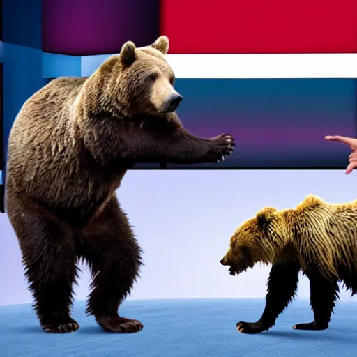 Image similar to Jerome Powell vs a grizzly bear in political debate on TV