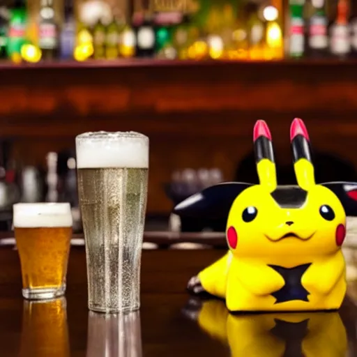 Image similar to pikachu sitting at the bar top of an Irish pub drinking beer