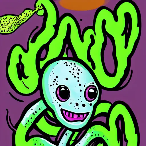 Prompt: Pop-Wonder-NFT alien-meat-stinky-trucker wading through the goopy-muck and slithering about the castle side delights on a melted cheesy day in a hand-drawn vector, svg, cult-classic-comic-style