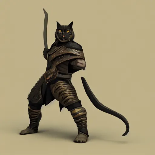 Image similar to a portrait of a warrior cat in a combat stance, 3 d rendering, dark background, digital, unreal engine, illustration, 8 k resolution, artstation, cinema 4 d, behance hd