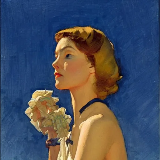 Image similar to woman on the beach, part leyendecker style, part dean cornwell style