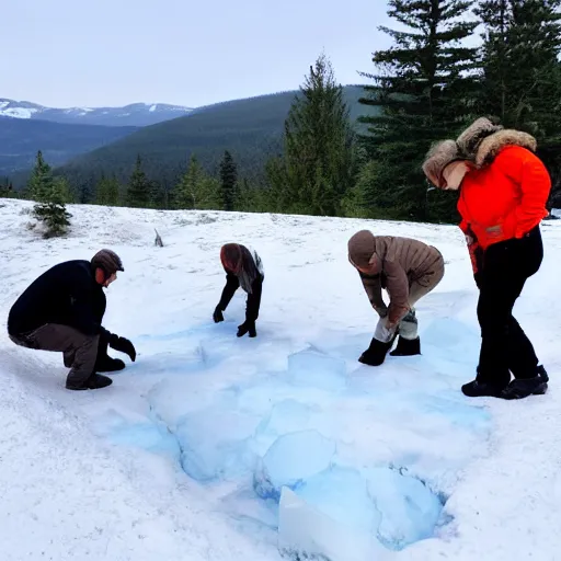 Prompt: a research team finding ancient human remains under snow, some parts of the remains are covered in ice, in the background is frosted green hills with a pine forest.