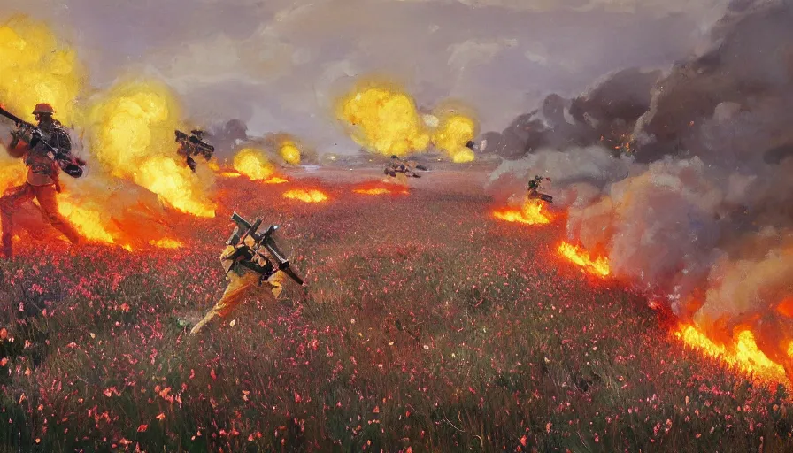 Prompt: Intense vibrant film still of infantry explosions and fire charging across a field of flowers, snowy blizzard1944, oil painting by John Singer Sargent, Adrian Smith, Greg Rutkowski, Trending on Artstation