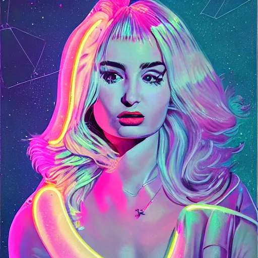 Image similar to a highly detailed and accurate pulp portrait of kim petras in space, 1 9 7 0 s, space station, neon light, delicate embellishments, woman art, painterly, offset printing technique