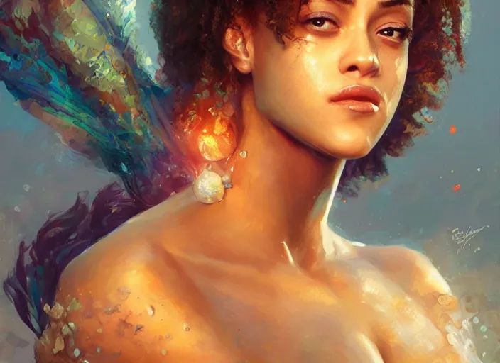 Prompt: A portrait of Nathalie Emmanuel as a mermaid by Ruan Jia and Mandy Jurgens and Artgerm and william-adolphe bouguerea, highly detailed, trending on artstation, award winning