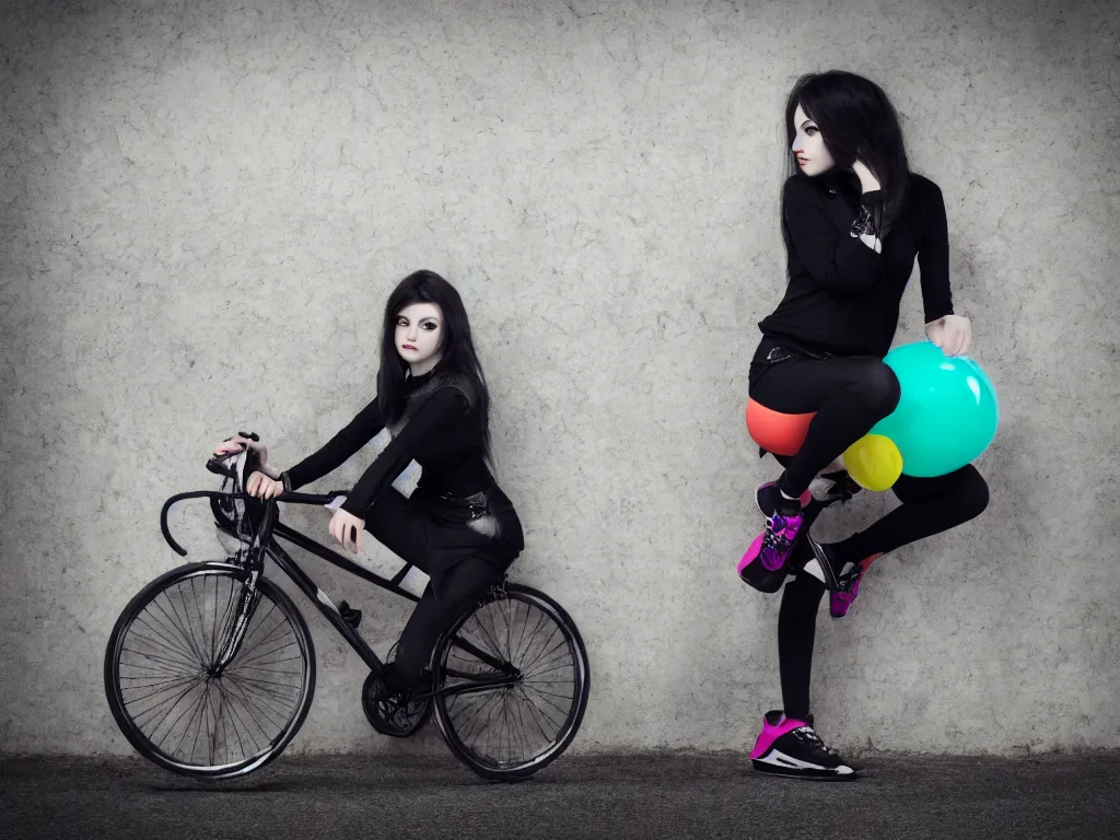 Prompt: full - length photo, young woman, leaning on a bike, gothic clothes, adidas shoes, 4 k, colourful