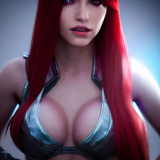 Image similar to Katarina from League of Legends, photorealistic studio portrait, studio lighting, unreal engine 5, hyperrealistic, dynamic lighting, white ambient background, realistic, highly detailed