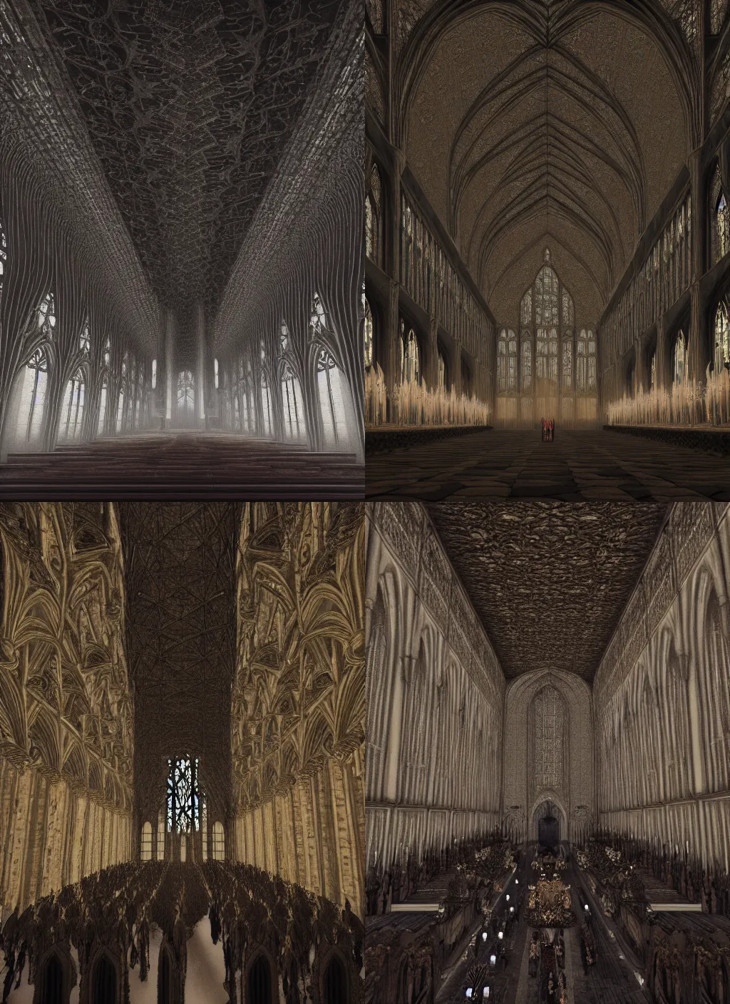 Prompt: inside a grand gothic fractal and recursive medieval massive hall, multiple people attend a ceremony. dark mood gothic. fog is in the air. detailed. high quality. film grain. detailed, matte, render in octane, 4 k