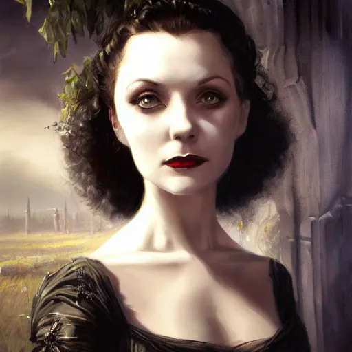 Prompt: closeup portrait of a young vivian leigh in gothic clothing, dramatic light, gorgeous view, depth, high detail, digital art, painted by greg rutkowski and seb mckinnon, by tim burton, trending on artstation