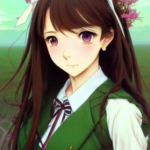 Image similar to beautiful anime high school girl, complete body view, brown hair, ponytail, white ribbon, green eyes, full perfect face, slightly smiling, western, fantasy, intricate, elegant, highly detailed, digital painting, artstation, detailed school background, matte, sharp focus, illustration, art by Artgerm and Greg Rutkowski, Alphonse Mucha, Sasoura, Satchely, no distorsion