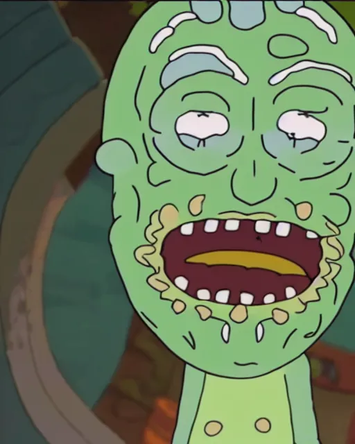 Image similar to film still close - up shot of pickle rick in the tv show rick & morty. photographic, photography