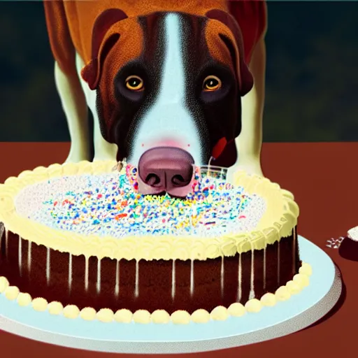 Image similar to large dog eating a birthday cake, photorealistic, 3 5 degree shot, movie still