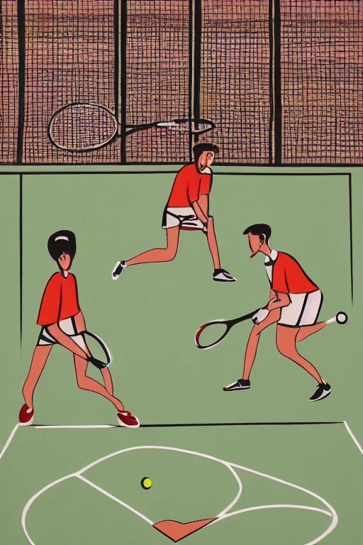 Prompt: an illustration of a tennis match by Marcel Dzama. Screen Printed. Paper texture