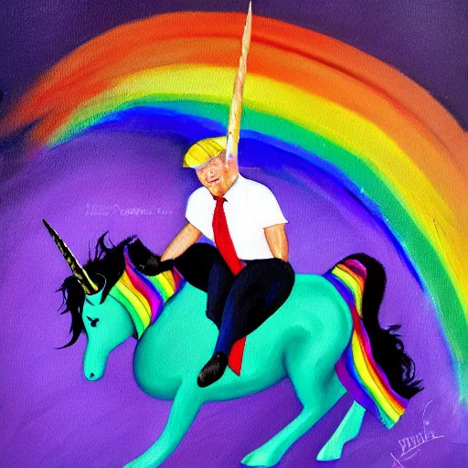 Image similar to a realistic painting of donald trump riding a rainbow unicorn