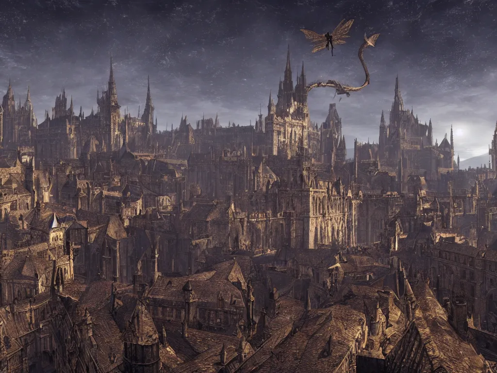 Image similar to A sprawling view of Anor Londo, Dark Souls in a starry night, a dragon flies in the distance