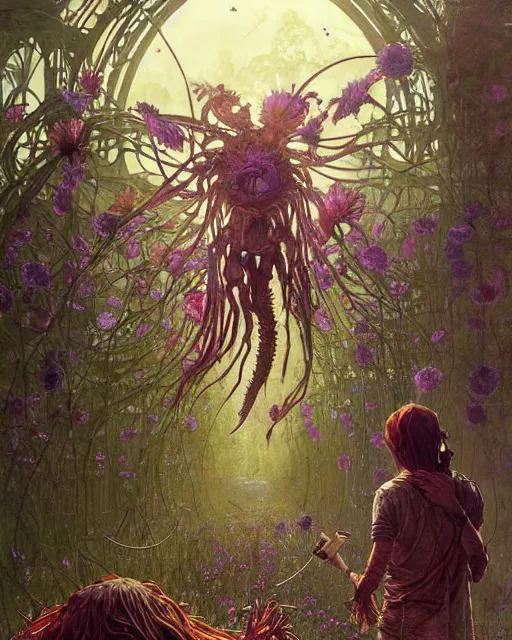 Image similar to the platonic ideal of flowers, rotting, insects and praying of cletus kasady carnage davinci dementor chtulu mandala ponyo the last of us dinotopia watership down, fantasy, ego death, decay, dmt, psilocybin, concept art by greg rutkowski and simon stalenhag and alphonse mucha