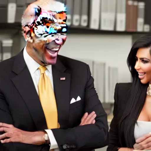 Image similar to stock photo of kim kardashian, and joe biden wearing suits and ties laughing in an office building, 8k resolution, full HD, cinematic lighting, award winning, anatomically correct