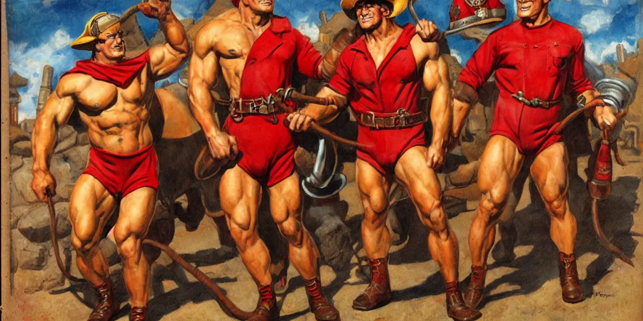 Image similar to minotaur in a fireman outfit, in the style of Frank Franzetta, beefcake