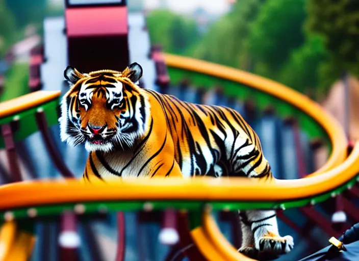 Prompt: film still of a tiger riding a roller coaster in disneyland paris, 8 k