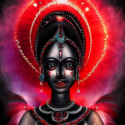 Image similar to beautiful Hindu goddess of the dark with veil, in darkness, cover with a lot of red water, horror terrifying, surreal realistic, hyper details, full HD, 8k!