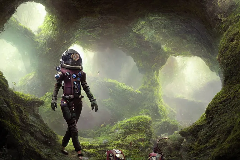 Image similar to a futuristic steampunk female astronaut full body, young face, steampunk astronaut, walking inside a very lush mossy cave by Bastien Lecouffe-Deharme and marc simonetti natural volumetric lighting, realistic, 8k, octane render, beautifully detailed render, 4k post-processing