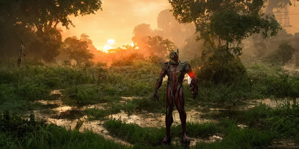 Image similar to the ratman hero, surrounded by lush green vegetation, ground - level view, puddles of water, stunning volumetric lighting, sunset, trending on artstation, 8 k, photorealistic, hyper detailed, unreal engine 5, cinematic, epic lighting, cryengine, octane render, cyberpunk, red and orange glow, dark, gloomy