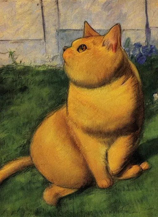 Prompt: vintage beautiful painting of a fat yellow cat in a village street in Mary Cassatt style