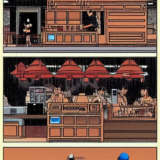 Image similar to a singaporean coffeeshop, by moebius