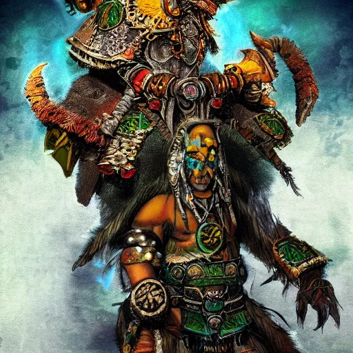 Prompt: a photo of a shaman gobelin in the style of Warhammer, fractal background