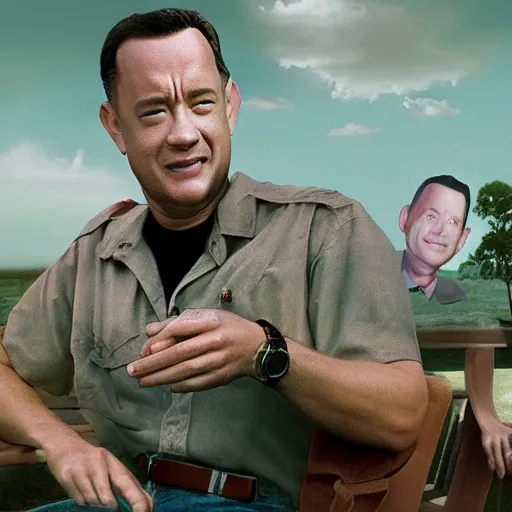 Image similar to Tom Hanks as forrest gump with giant shrimp heads instead of hands, digital art, photoreailstic, amazing detail