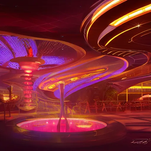 Image similar to futuristic casino, crisp, artistic, artstation, luxury, las vegas, beautiful, concept art, dim painterly lighting volumetric aquatics