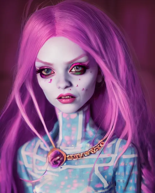 Image similar to portrait of monster high doll, stephen bliss, unreal engine, by greg rutkowski, loish, rhads, makoto shinkai and lois van baarle, ilya kuvshinov, rossdraws, global illumination, radiant light, detailed and intricate environment, pastel lighting