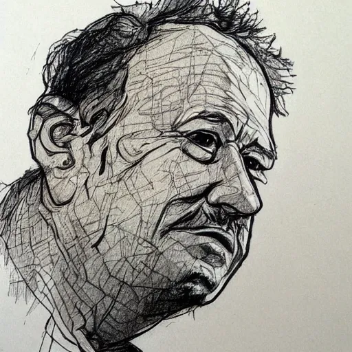 Prompt: a realistic yet scraggly portrait sketch of the side profile of a stern and sophisticated gene ween, trending on artstation, intricate details, in the style of frank auerbach, in the style of sergio aragones, in the style of martin ansin, in the style of david aja, in the style of mattias adolfsson